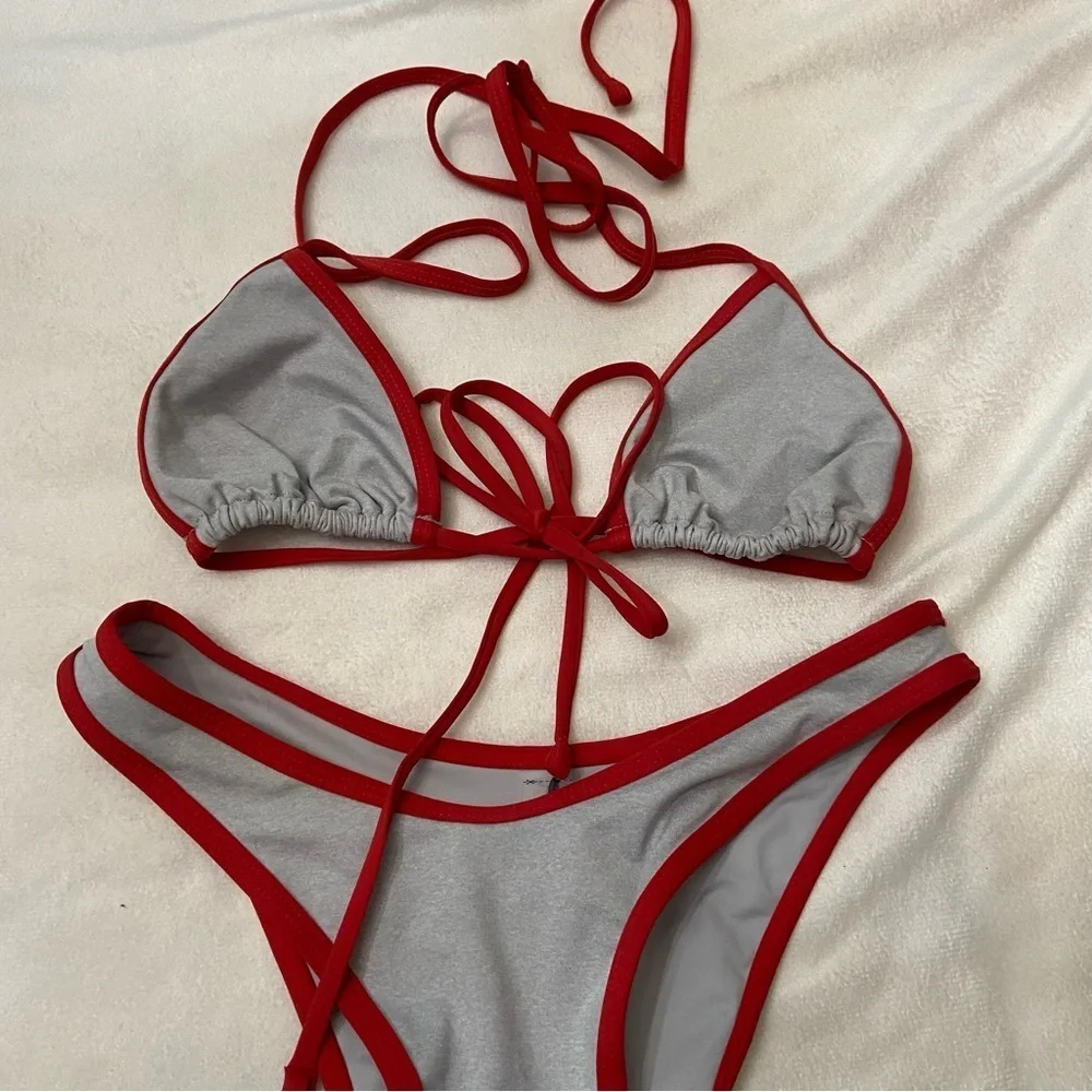 New! Frankie's Bikinis SET Dove Red and Gray triangle Bikini 3995